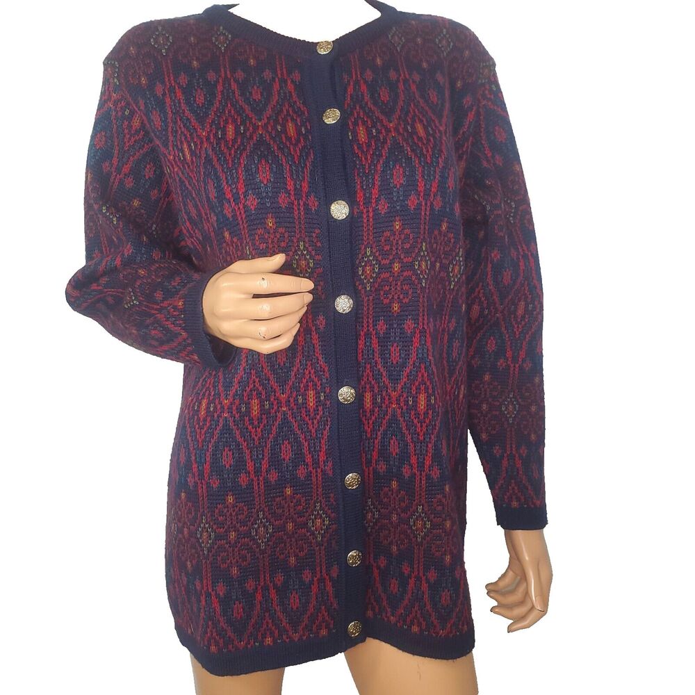 Vintage Pitlochry Scotland Intarsia Stained Glass Wool Blend Cardigan Sweater L